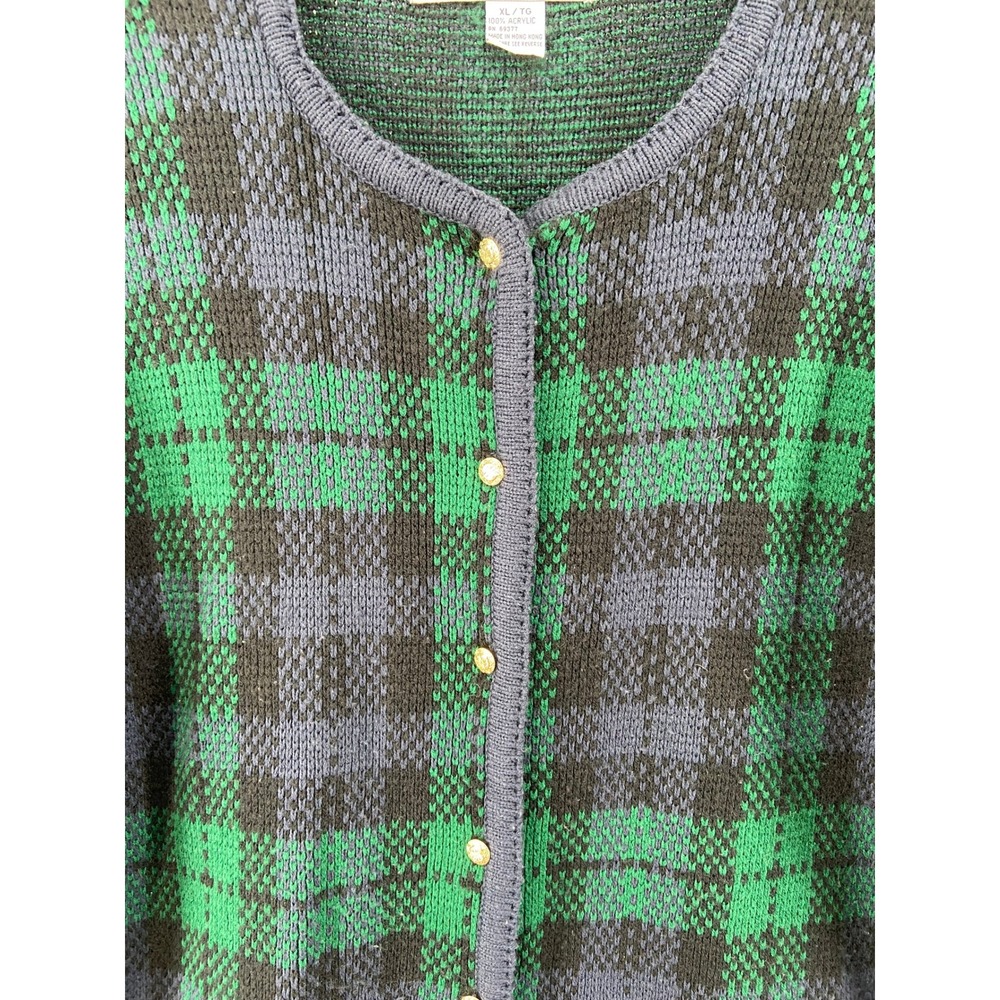 VTG Crystal Kobe Cardigan Womens Sz XL Blue Green Plaid Button‎ Front Sweater - Picture 2 of 12